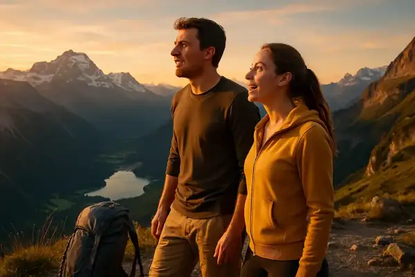 Couple admirant un paysage alpin au coucher du soleil, sac à dos prêt pour une randonnée de 3 jours.