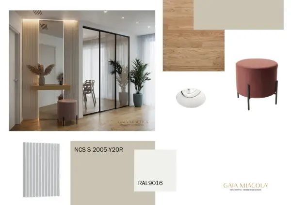 Ingresso moderno con specchio illuminato, pouf color tortora chiaro e finiture in beige sabbia RAL9016.