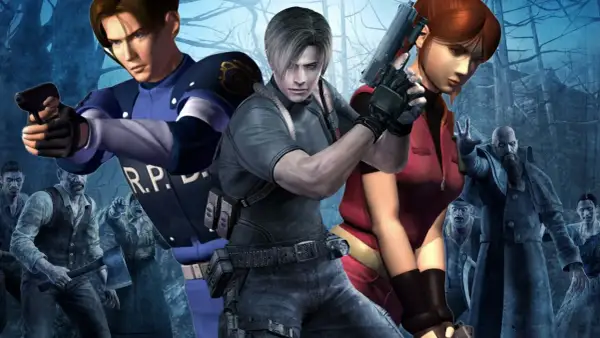Leon i Claire walczą z hordą zombie w mrocznym lesie. To scena z Resident Evil Requiem PS4.