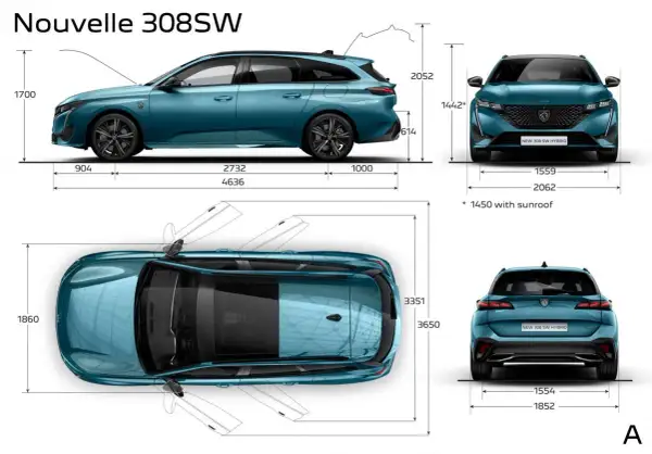 Nowe Peugeot 308 SW: wymiary zewnętrzne i wewnętrzne. Długość 4636 mm, szerokość 1860 mm, wysokość 1700 mm.