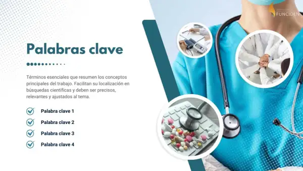 Plantilla póster científico con "Palabras clave" y listado. Imágenes de equipo médico y pastillas.