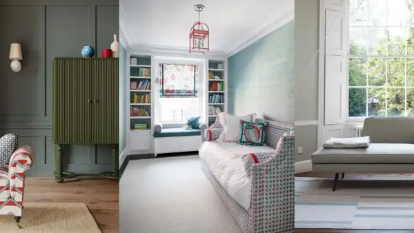Ideas on how to style a daybed: a patterned daybed with pillows, a built-in daybed with bookshelves, and a minimalist daybed by a window.
