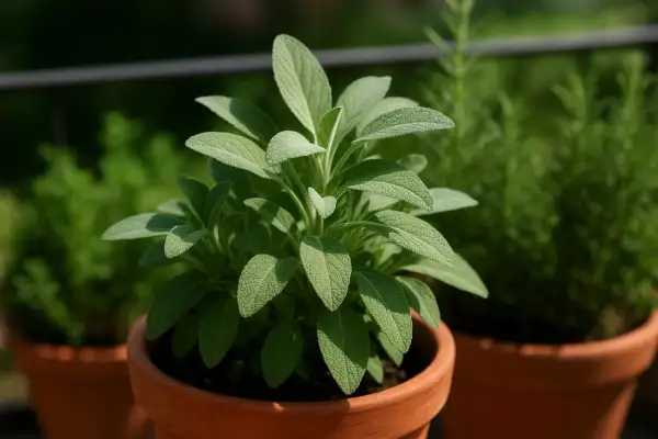 Pianta di salvia in vaso di terracotta, con altre erbe aromatiche sullo sfondo.