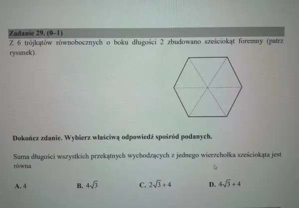 Sześciokąt foremny zbudowany z 6 trójkątów. Zadanie dotyczy sumy długości przekątnych.