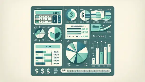 Grafik visar hur mycket betalar man i skatt. En kalkylator, cirkeldiagram och stapeldiagram illustrerar inkomster, utgifter och nettolön.
