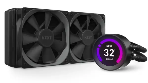 Nowoczesne chłodzenie cieczą NZXT z dwoma wentylatorami i okrągłym wyświetlaczem pokazującym temperaturę 32°C.