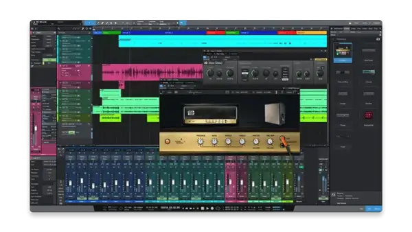 A digital audio workstation free interface displays audio tracks, a mixer, and virtual amp plugins, perfect for music production.