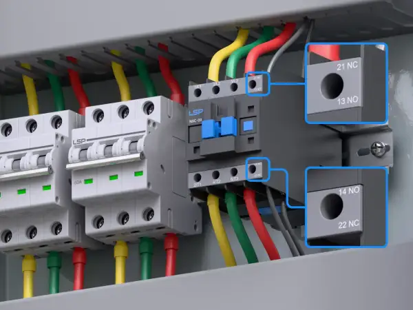 W panelu elektrycznym widać stycznik bezpieczeństwa LSP NXC-09, połączony z wyłącznikami i przewodami.