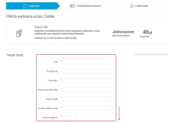 Formularz do wypełnienia danych osobowych w celu uzyskania raportu BIK. Sprawdź swoją historię kredytową i kondycję finansową.