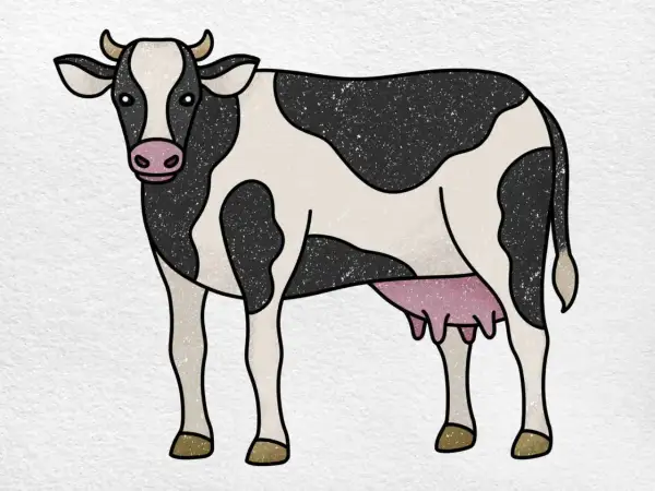Una vaca para dibujar, con manchas negras y blancas, cuernos y ubres rosadas.