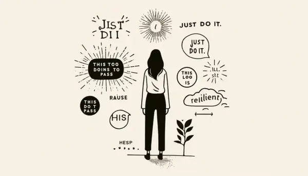 Une femme face à des pensées inspirantes : "Just do it", "This too doins to pass", "resilient". Un mantra positif travail pour avancer.
