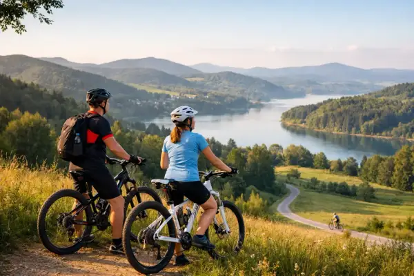 Para rowerzystów podziwia malowniczy krajobraz z jeziorem i wzgórzami. Idealne miejsce na odkrywanie tras rowerowych Podkarpacia.