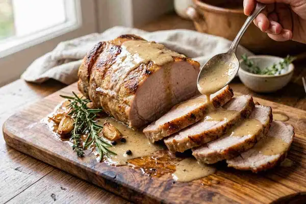 Arista al latte succulenta, affettata e irrorata con salsa cremosa, accompagnata da aglio arrosto e rosmarino su un tagliere di legno.