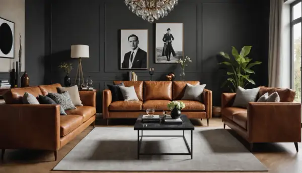 Elegante cognac Ledersofas mit Kissen, kombiniert mit einem dunklen Couchtisch und Kunst an der Wand. Tolle Ideen für Ihr Wohnzimmer.