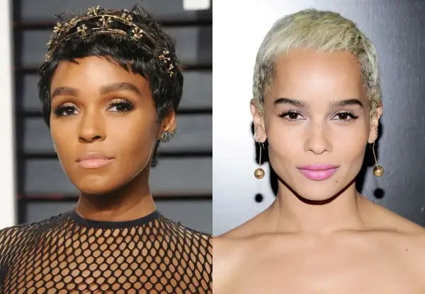 Dos mujeres con corte pixie: una con tocado dorado y otra con pendientes de bola dorada.