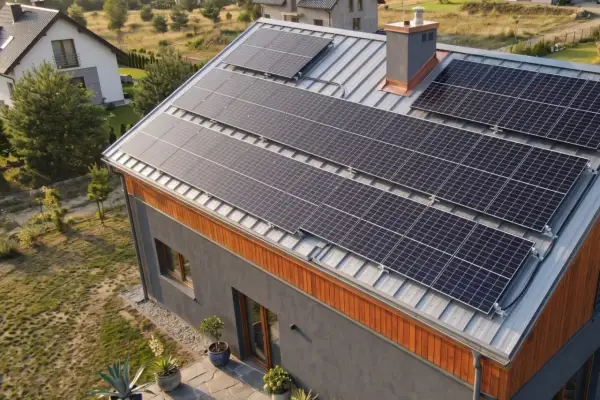 Dach domu pokryty panelami fotowoltaicznymi, które umożliwiają net metering, czyli rozliczanie się z zakładem energetycznym za nadwyżki wyprodukowanej energii.