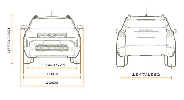 Schematyczne rysunki przodu i tyłu Dacia Duster z wymiarami: wysokość 1656/1661 mm, szerokość 1813 mm, całkowita szerokość 2069 mm, rozstaw kół 1574/1573 mm i 1547/1562 mm.