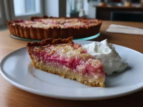 En bit härlig rabarberpaj glutenfri med en klick vispad grädde. Hela pajen syns i bakgrunden.