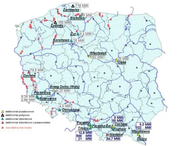 Mapa przedstawia teren na którym zostanie wybudowana elektrownia wodna i jej wpływ na środowisko
