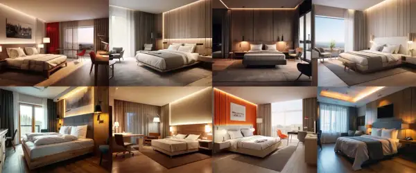 Wizualizacje nowoczesnych pokoi hotelowych, każdy z wygodnym łóżkiem i miejscem do pracy. Projekt hotelu 20 pokoi.
