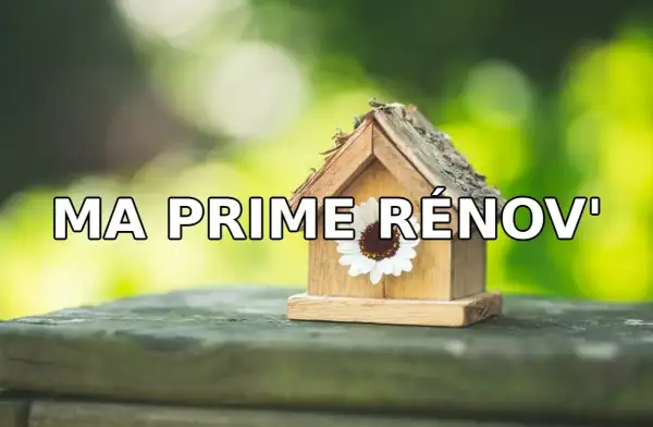 Une petite maison en bois décorée d'une fleur, avec le texte "MA PRIME RÉNOV'". Idéal pour votre projet d'isolation des combles.