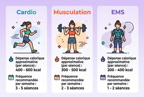 Illustration comparant cardio, musculation et EMS pour femmes. Le renforcement musculaire est une option pour brûler des calories.