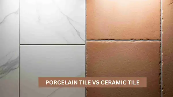 Comparing porcelain vs ceramic tile: smooth white marble-look porcelain on the left, rustic terracotta-colored ceramic on the right.