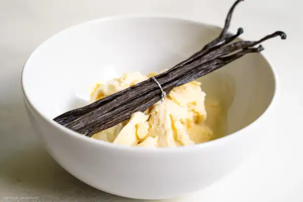 Schüssel mit cremigem, schnellem Vanilleeis, garniert mit dunklen Vanilleschoten. Perfekt für die Eismaschine!
