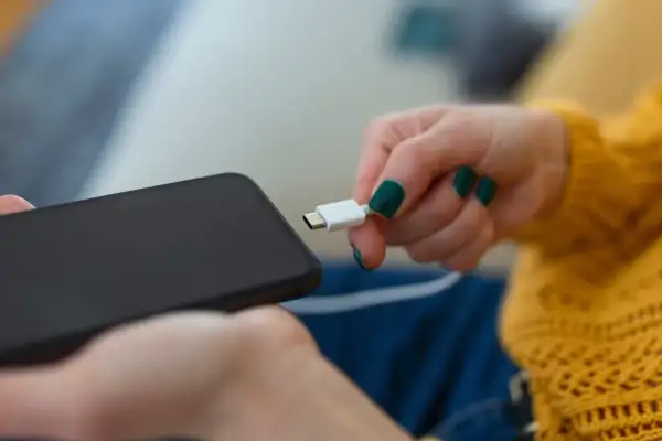 Dłoń z zielonymi paznokciami próbuje podłączyć kabel do telefonu, ale telefon się nie ładuje.