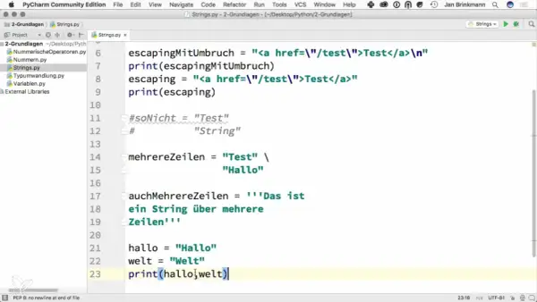 Code Python affichant la concaténation de chaînes de caractères, avec des exemples de chaînes sur plusieurs lignes et d'échappement.