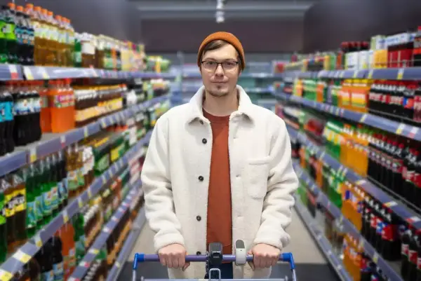 Mężczyzna z wózkiem sklepowym w alejkach pełnych napojów. Branża retail w praktyce, gdzie wybór jest ogromny.