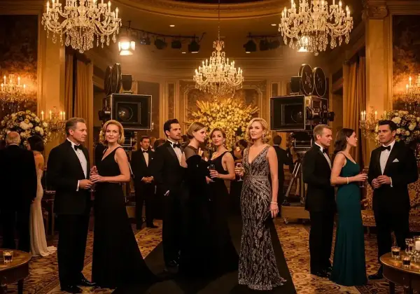Elegancka gala w stylu hollywoodzkim. Gwiazdy w wieczorowych kreacjach pozują przy zabytkowych kamerach, w blasku kryształowych żyrandoli.