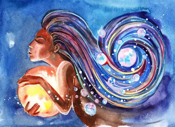 Una mujer abraza un sol brillante, su cabello se transforma en una galaxia espiral, manifestando la energía femenina cósmica.