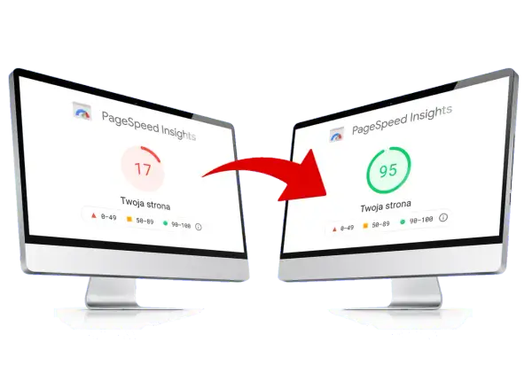 Wynik PageSpeed Insights z 17 na 95 po optymalizacji stron internetowych. Czerwona strzałka pokazuje poprawę.