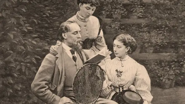 Charles Dickens z córkami w ogrodzie. Widać tu jego zamiłowanie do literatury i rodzinnych chwil, które inspirowały jego dzieła, w tym opowieści o dzieciach.