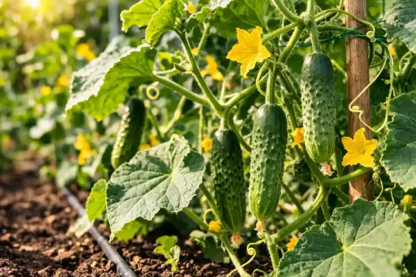 Cetrioli maturi pendono da una pianta rigogliosa, con fiori gialli e foglie verdi. Una guida visiva su come coltivare i cetrioli.