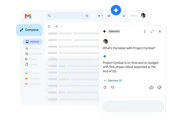 Interfejs Gmail z Gemini, który pomaga w zarządzaniu projektami. Sprawdź, jak Google Workspace cena może usprawnić Twoją pracę.