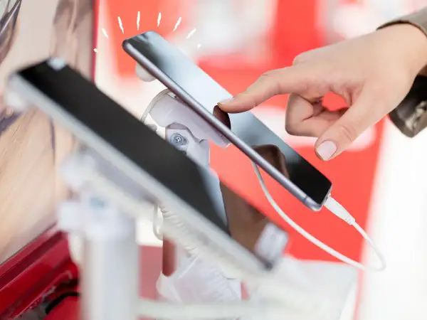 Dłoń dotyka ekranu smartfona, który jest prezentowany jako sprzęt na raty dla zadłużonych.