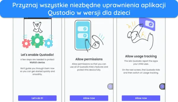 Qustodio pomaga chronić urządzenie dziecka, wymagając przyznania uprawnień i włączenia śledzenia aktywności.