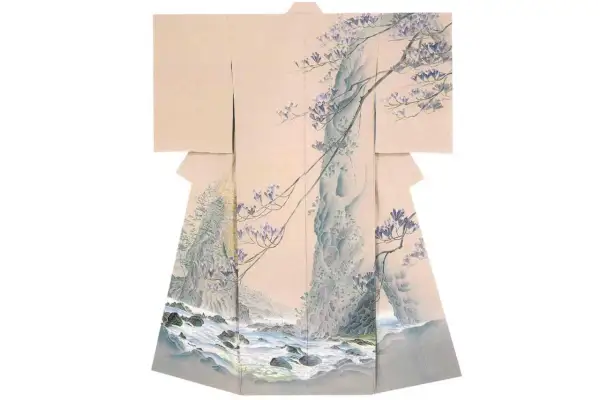 A kimono adorned with exquisite Japanese paintings of a serene landscape, featuring a rocky stream and delicate purple blossoms cascading down a cliff.