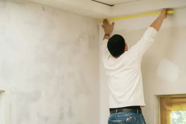 Uomo con cappello nero applica nastro giallo al soffitto, preparando la parete con un effetto jeans.