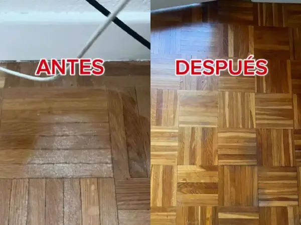 Suelos de madera antes y después de aplicar remedios caseros para suelos que resbalan. El suelo luce renovado y seguro.