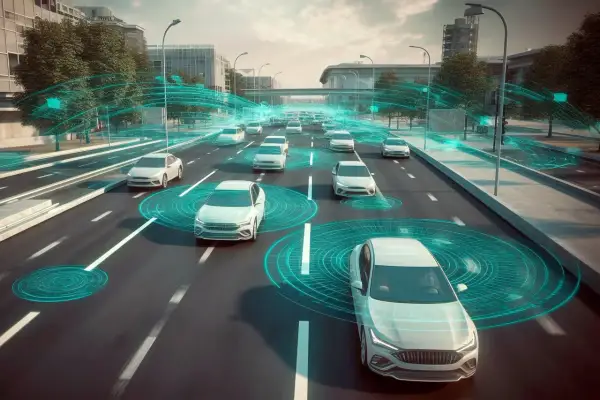 Coches blancos circulan por una autopista, conectados por redes de datos que representan sistemas ADA.