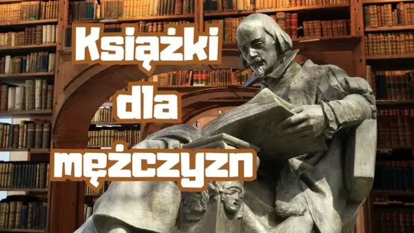 Kamienna rzeźba mężczyzny czytającego książkę na tle regałów pełnych ksiąg. Idealna inspiracja na książkę dla mężczyzny.