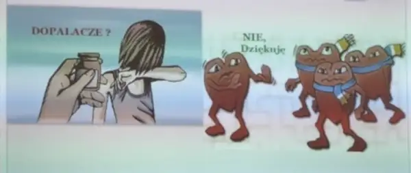 Ilustracja: ręka podaje buteleczkę z napisem "Dopalacze?", młoda osoba odwraca się, a obok serca w szalikach odmawiają.