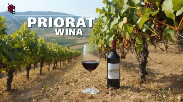 Winnica w Priorat, z butelką i kieliszkiem czerwonego wina na pierwszym planie.