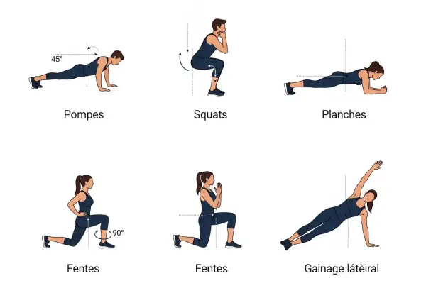 Illustrations de pompes, squats, planches, fentes et gainage latéral pour le renforcement musculaire à la maison.