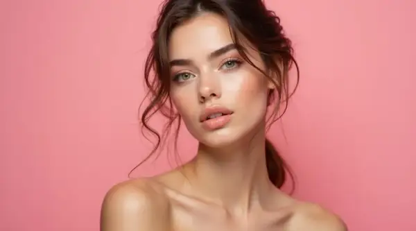 Delikatny, naturalny makijaż typu clean girl podkreśla urodę młodej kobiety z zielonymi oczami i lekko rozpuszczonymi włosami na różowym tle.