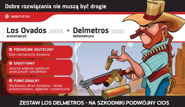 Kowboj z cygarem prezentuje zestaw Los Ovados i Delmetros 100SC, skuteczne rozwiązanie przeciw szkodnikom.