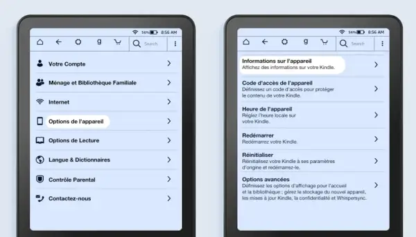 Paramètres du format lecture Kindle : options de l'appareil, heure, redémarrage, réinitialisation et options avancées.